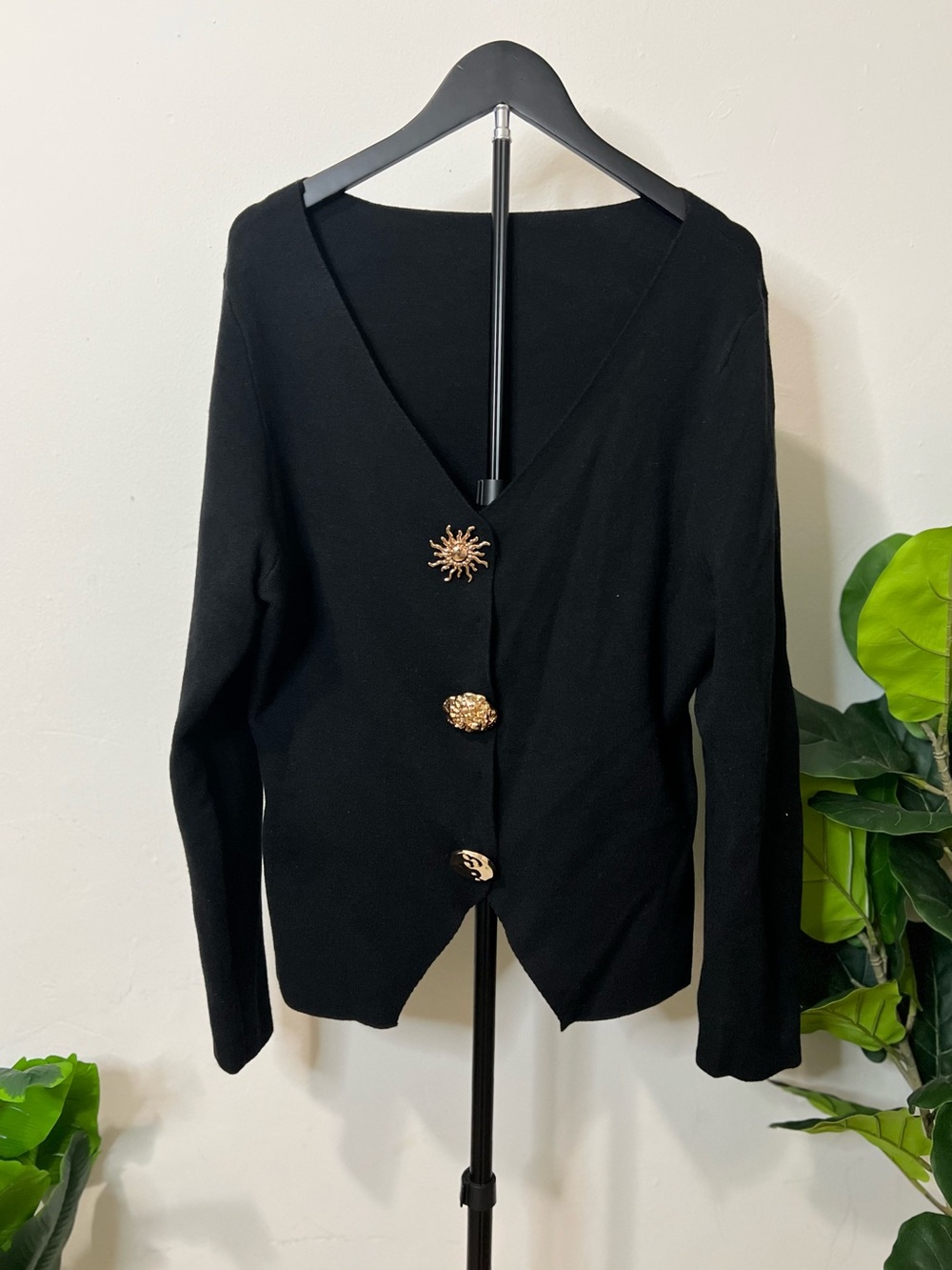 Black Knit Cardigan Gold Statement Buttons Celestial Sun Quiet Luxury Size 2X